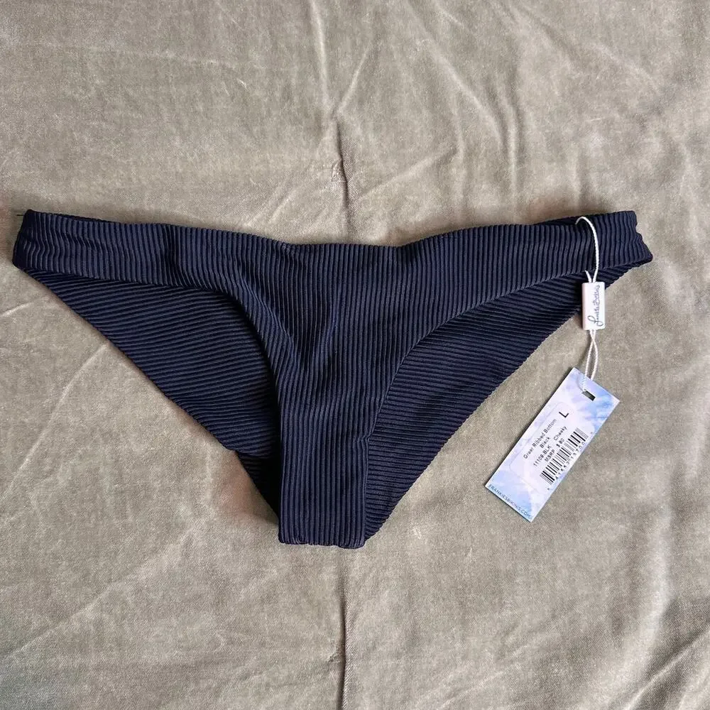 NWT Frankie's Bikinis Greer Ribbed Cheeky Black Bikini Bottom LARGE